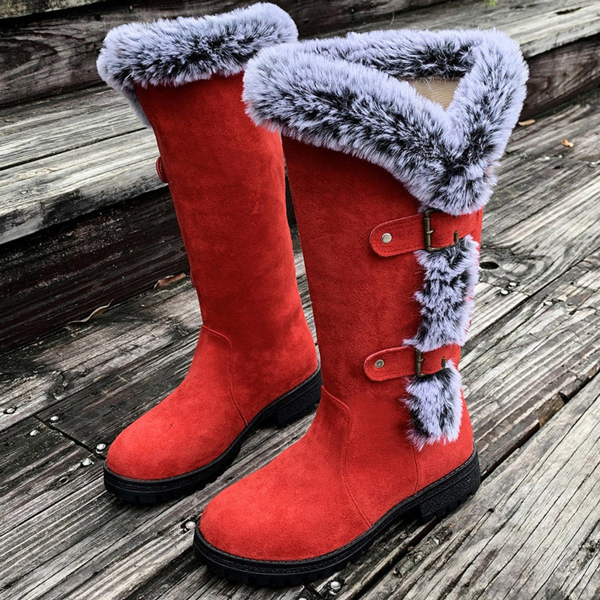 Harriet Faux-Fur Buckle Knee High Boots, Red