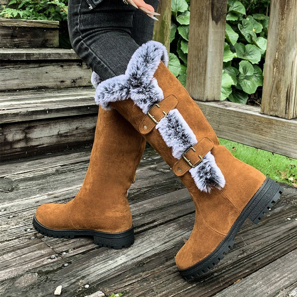 Harriet Faux-Fur Buckle Knee High Boots, sole view