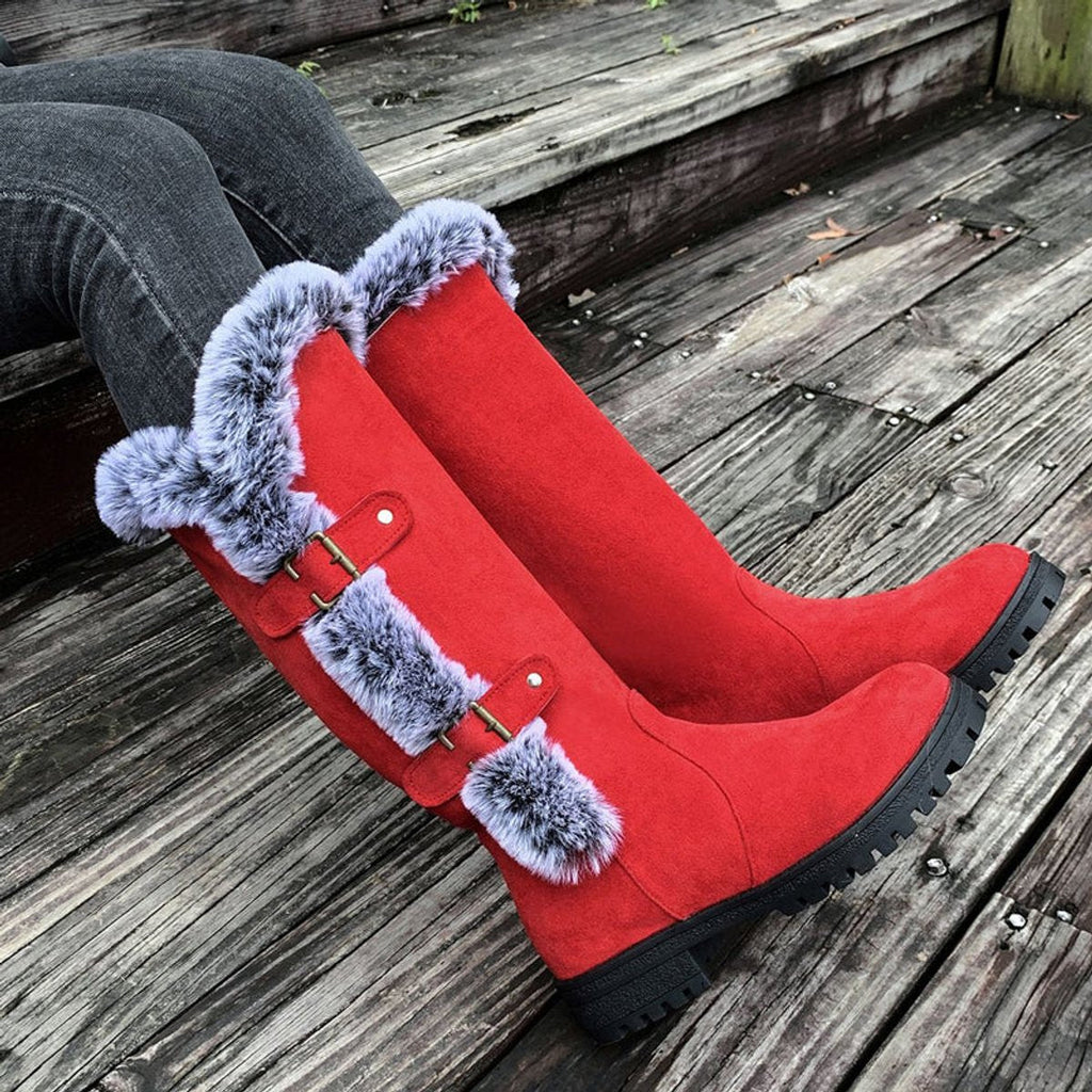 Harriet Faux-Fur Buckle Knee High Boots, styled view