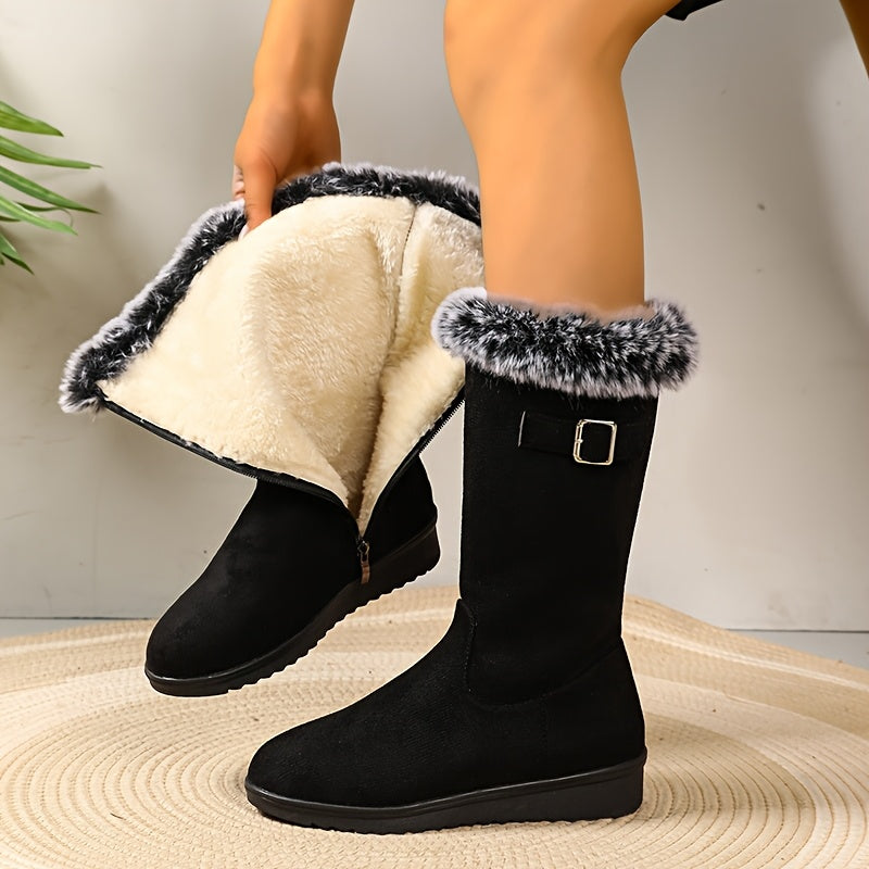 Hazel Black faux suede mid-calf winter boots with faux fur trim, buckle strap, rounded toe, and low-profile sole