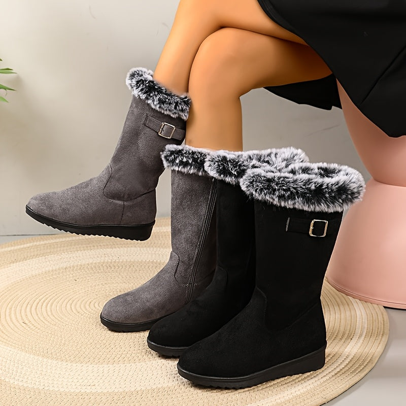Hazel Black and Gray faux suede mid-calf winter boots shown from the side with faux fur trim, buckle detailing, and low-profile soles