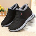 Hazel Black quilted ankle snow boots with plush collar and side zipper, shown from an angled view