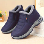 Hazel Blue quilted ankle snow boots with plush collar, side zipper, and rounded toe