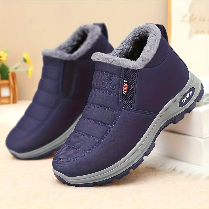 Hazel Blue quilted ankle snow boots with plush collar, side zipper, and rounded toe