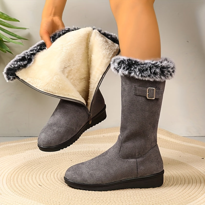 Hazel Gray faux suede mid-calf winter boots featuring faux fur trim, side zipper, decorative buckle strap, and rounded toe