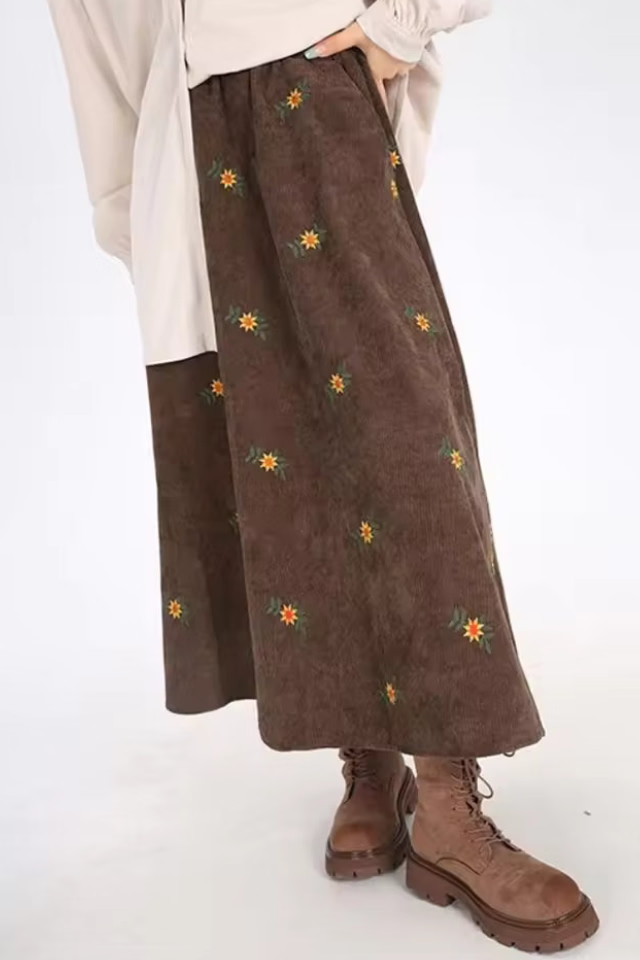 Hazel Khaki corduroy midi skirt with floral embroidery and A-line silhouette