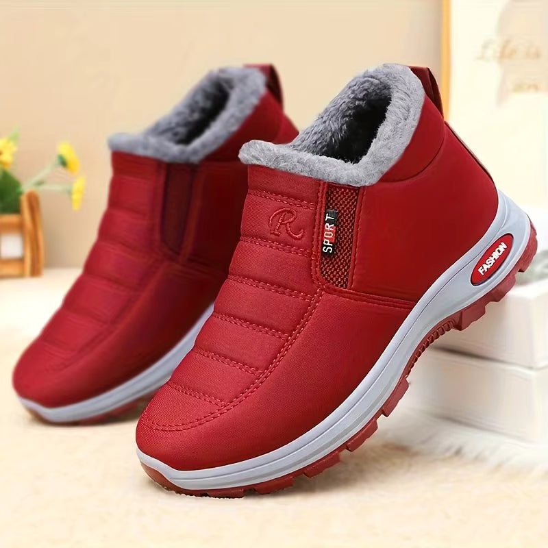 Hazel Red quilted ankle snow boots with fleece lining, side zipper, and textured outsole