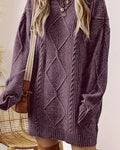 Helene Purple cable-textured sweater dress with a round neckline, long sleeves, geometric knit detailing, and relaxed above-the-knee silhouette