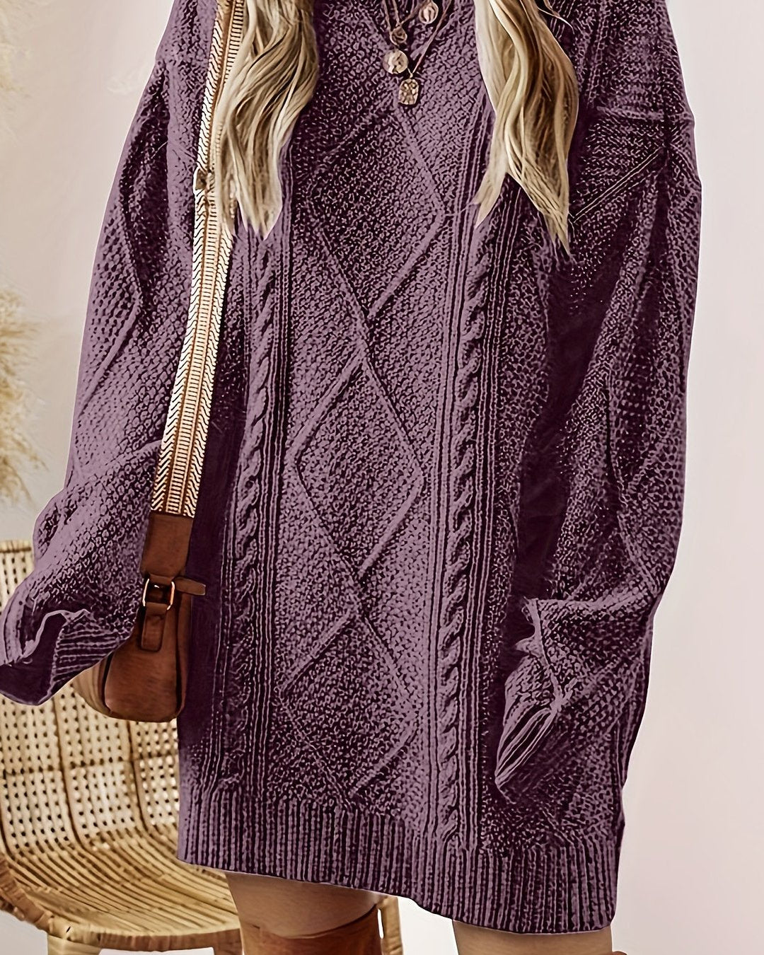 Helene Purple cable-textured sweater dress with a round neckline, long sleeves, geometric knit detailing, and relaxed above-the-knee silhouette