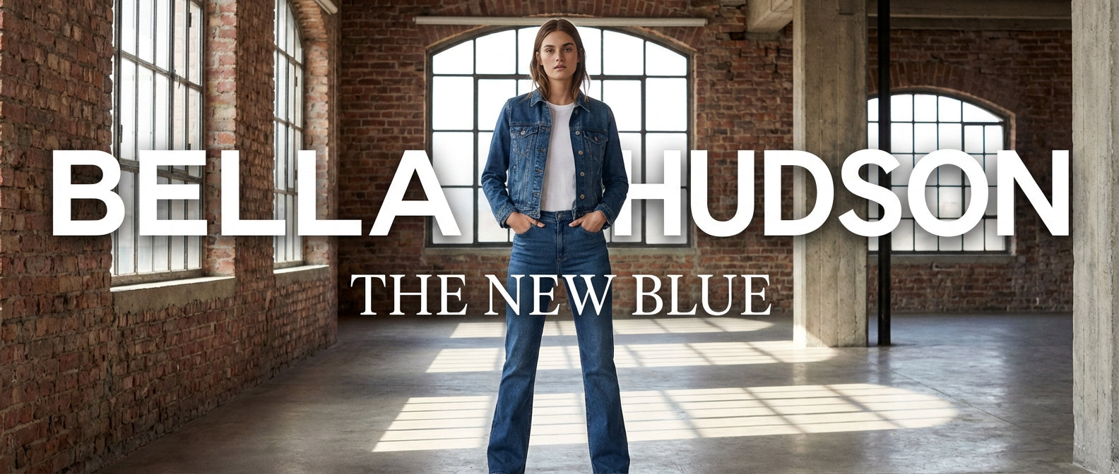 Woman in blue denim outfit in loft – Bella Hudson The New Blue collection.