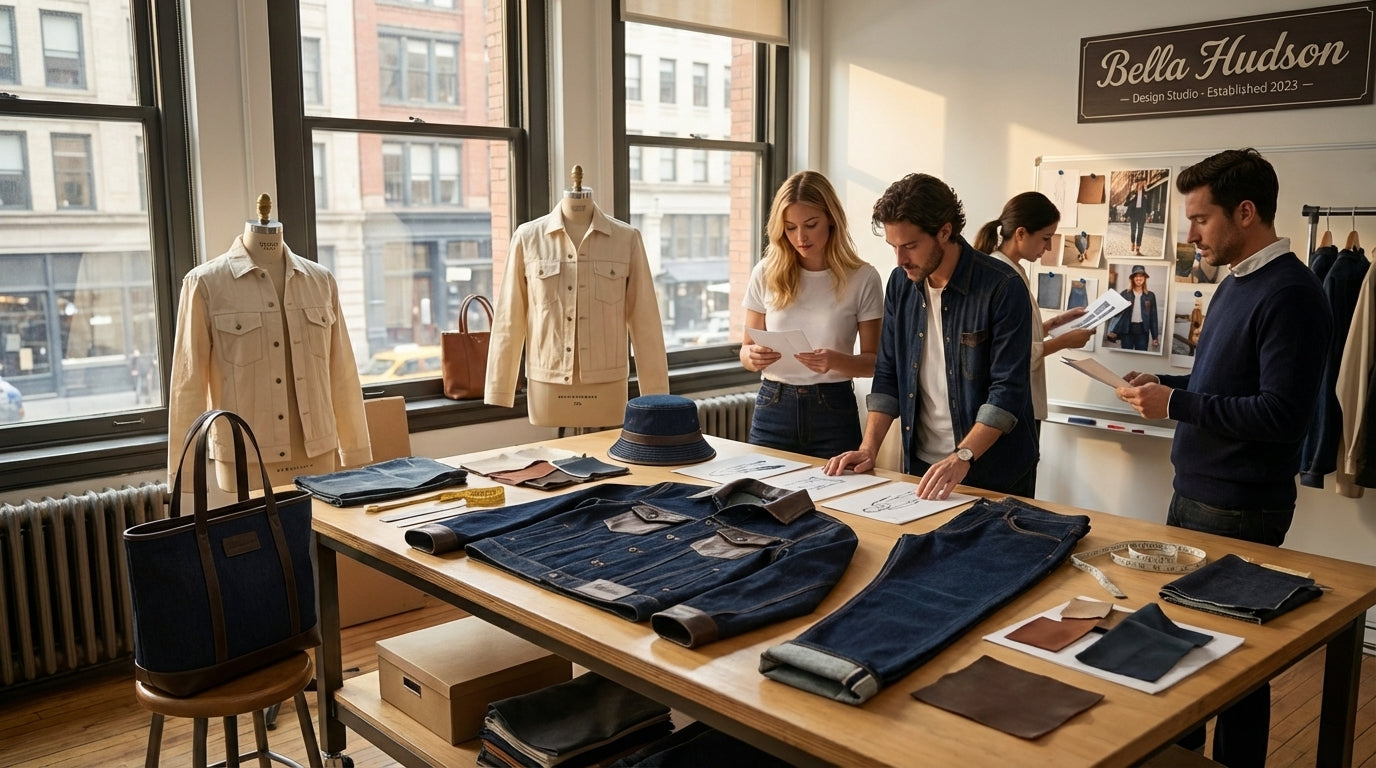 People discussing clothing items on a table in a development setting with mannequins and a Bella Hudson sign.