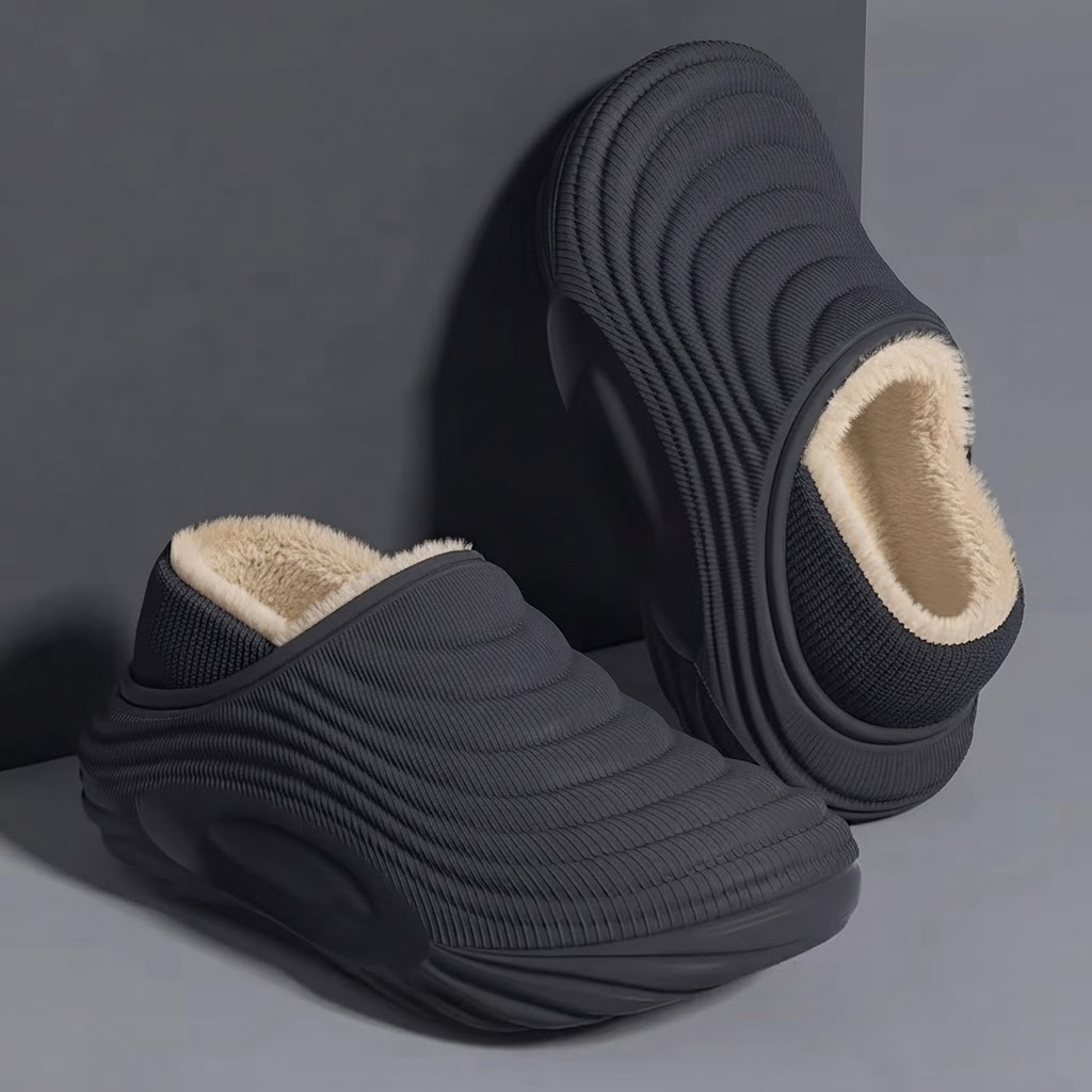 Isla Ribbed Slip-On Clog Slippers Plush-Lined Thick Sole - Gray
