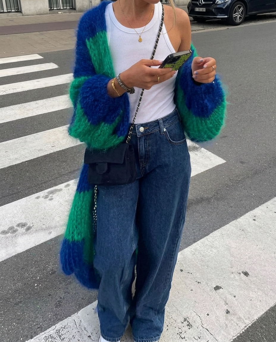 A person standing on a street crosswalk wearing a chunky fuzzy knit cardigan with bold blue and green color-blocked stripes, a white tank top, blue jeans, and a black crossbody bag.