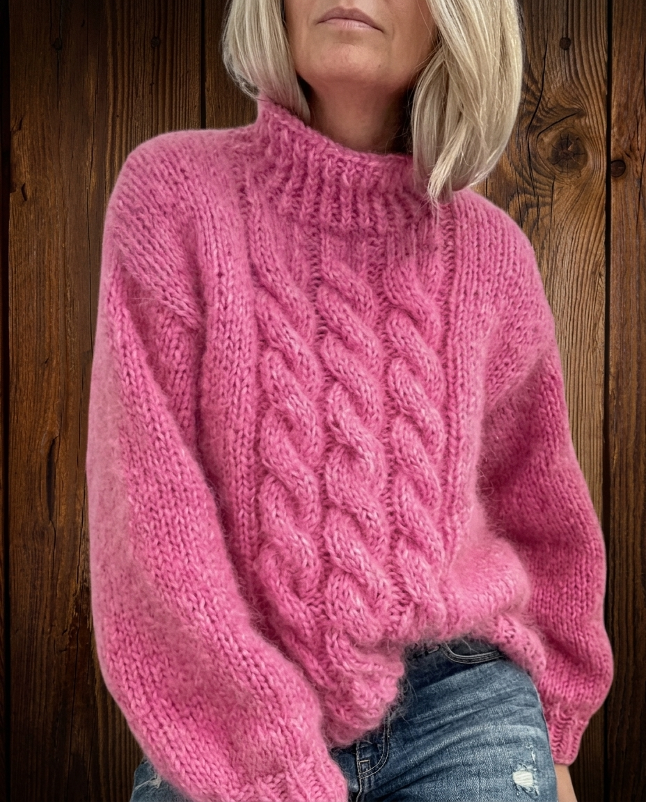 Front view of the Esme women's cable-knit pullover sweater in pink, featuring a high ribbed neckline, chunky braided knit pattern, relaxed fit and long batwing sleeves.