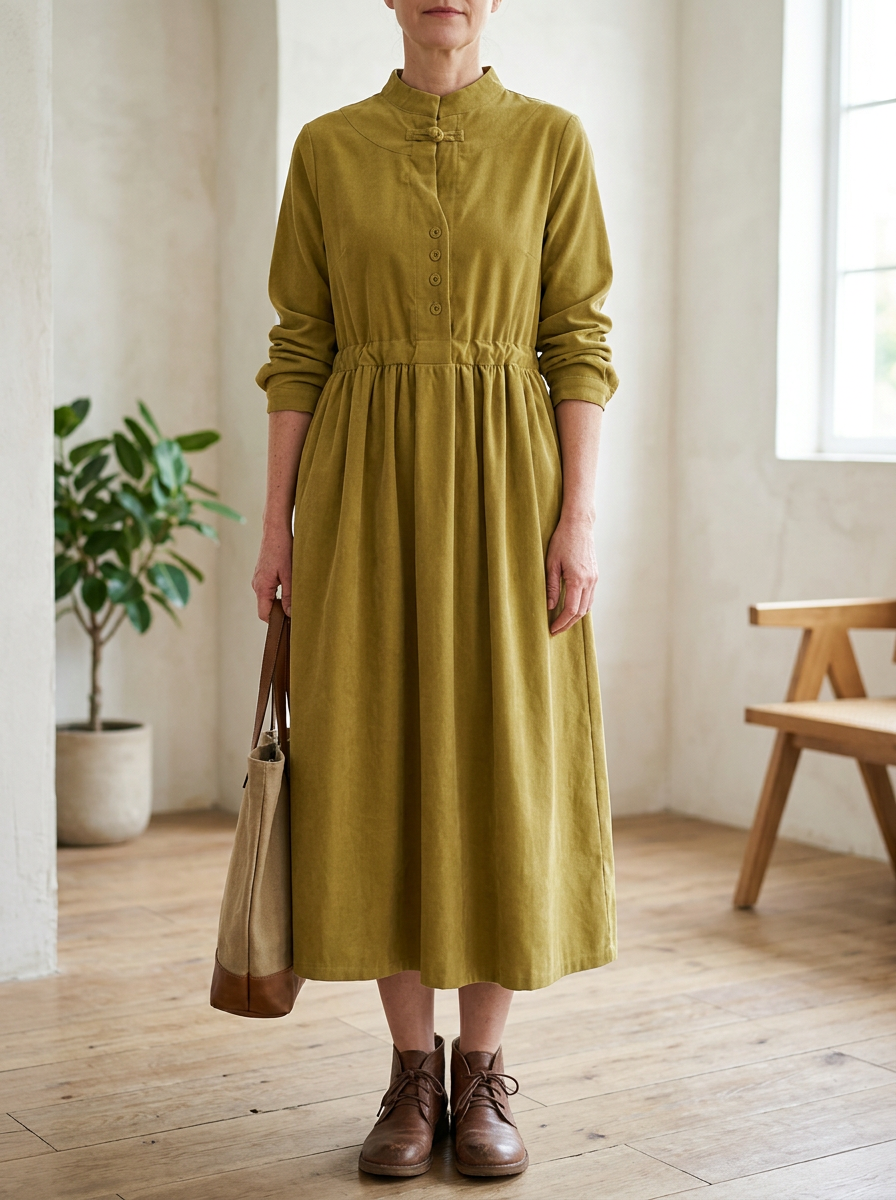 Adele Yellow corduroy midi dress with stand collar and defined drawstring waist