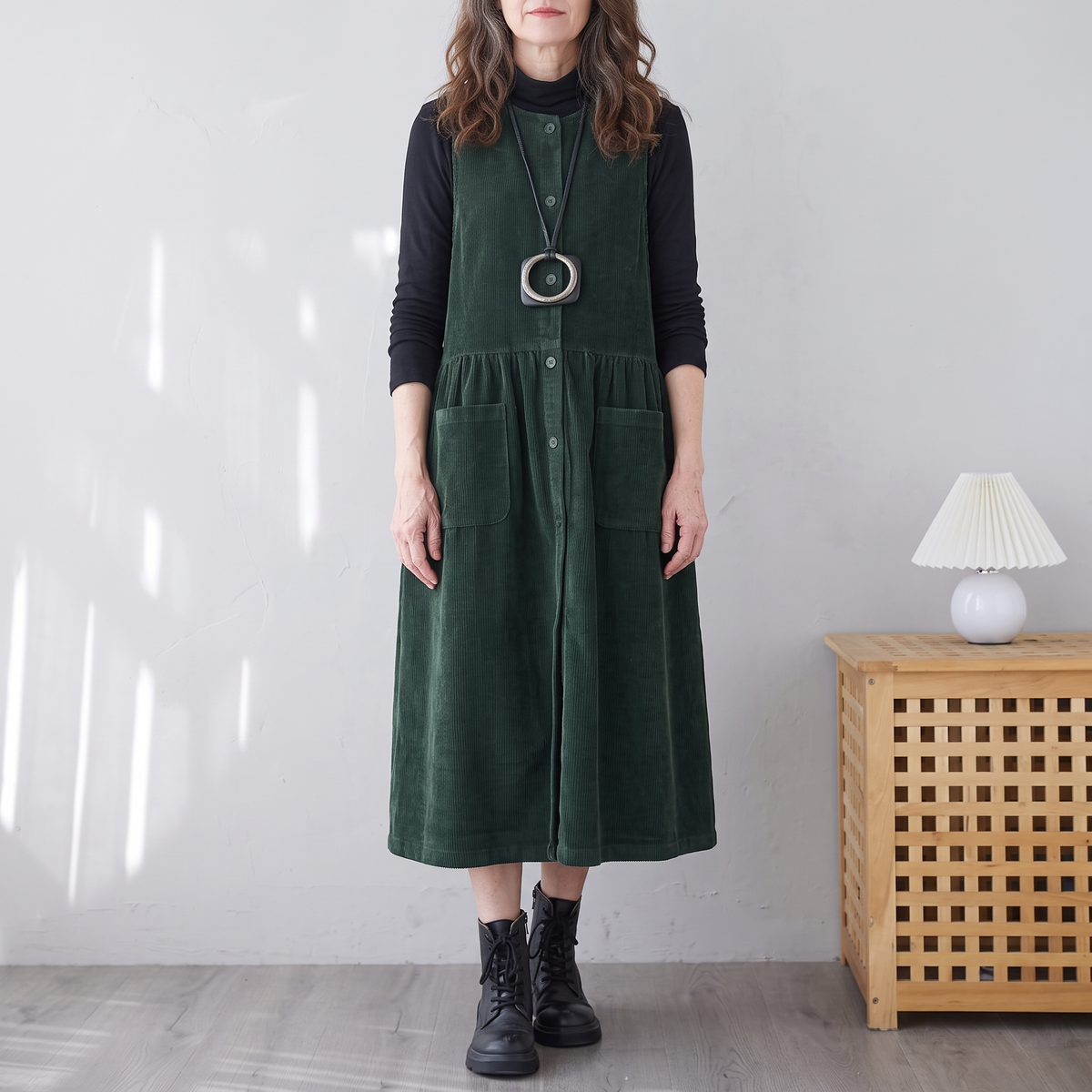 Phoebe Corduroy Pinafore Midi Dress Button-Front Patch-Pocket