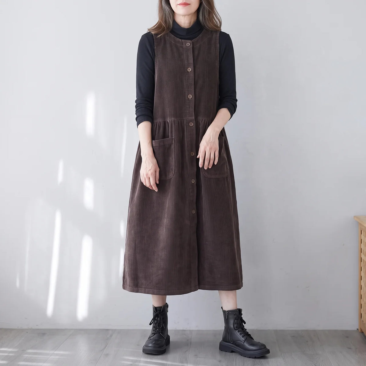 Phoebe Khaki corduroy pinafore midi dress with button-front design and patch pockets
