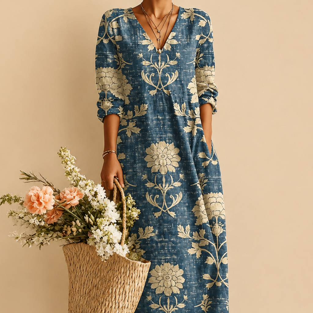 Indra Floral Print Lightweight Linen Midi Dress - Front Close-Up View - Designed by Bella Hudson
