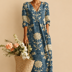 Indra Floral Print Lightweight Linen Midi Dress - Front Close-Up View - Designed by Bella Hudson
