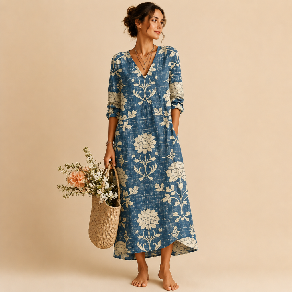 Indra Floral Print Lightweight Linen Midi Dress - Full View - Designed by Bella Hudson
