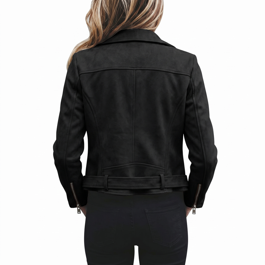 Back view of the Ingeborg Jacket Suede Cropped in black, highlighting the structured back seams, long sleeves, and fitted cropped silhouette. Designed by Bella Hudson.