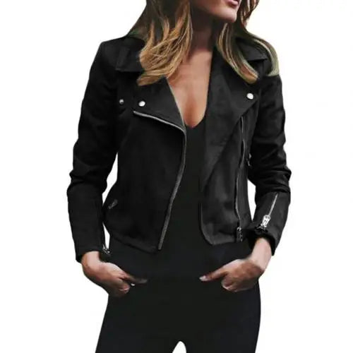 Front view of the Ingeborg Jacket Suede Cropped in black, featuring a wide lapel collar, asymmetric zip-front closure, long sleeves, silver-tone hardware, and a fitted cropped silhouette. Designed by Bella Hudson.