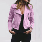 Front view of the Ingeborg Jacket Suede Cropped in pink, featuring a wide lapel collar, asymmetric zip-front closure, long sleeves, and a fitted suede silhouette. Designed by Bella Hudson.