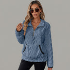 Front view of the Ingrid Pullover Fleece Half-Zip in Blue, featuring soft fleece fabric, a half-zip neckline, long sleeves, and a relaxed fit.