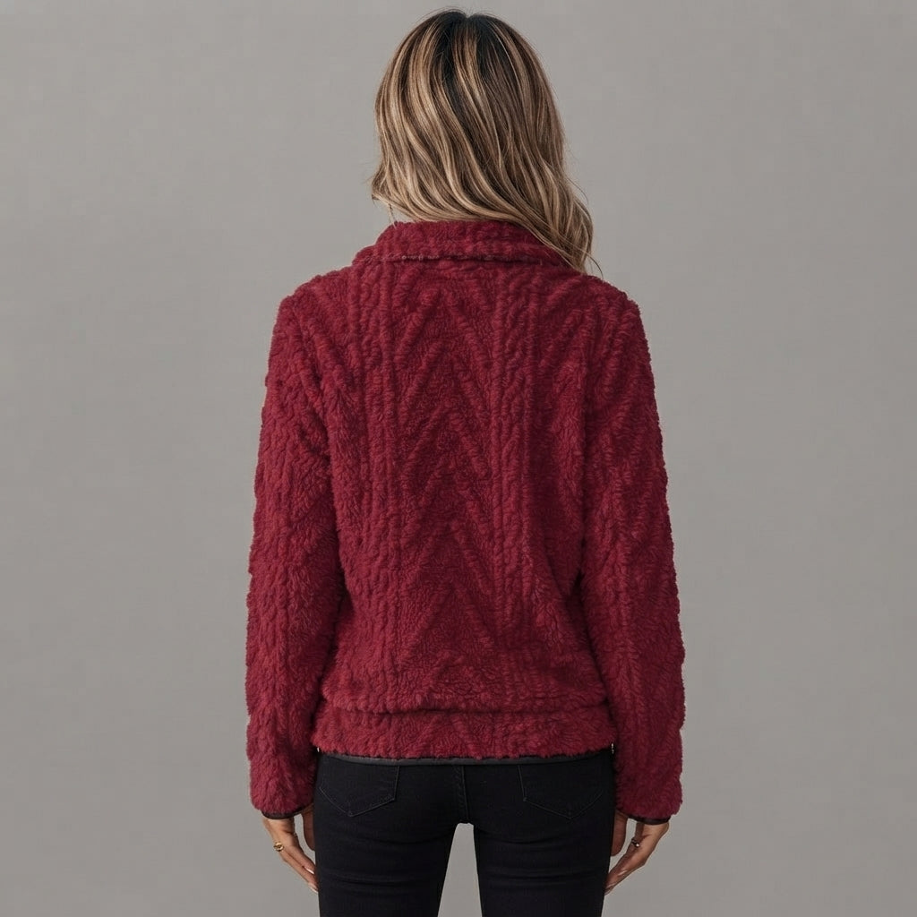 Back view of the Ingrid Pullover Fleece Half-Zip in Red, featuring a cozy fleece fabric, long sleeves, and a relaxed fit.