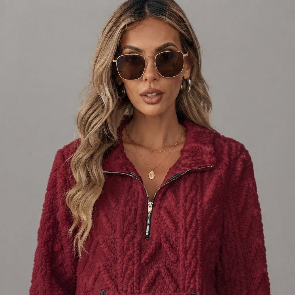 Close-up front view of the Ingrid Pullover Fleece Half-Zip in Red, highlighting the soft fleece fabric and half-zip neckline.