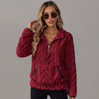 Front view of the Ingrid Pullover Fleece Half-Zip in Red, size S, featuring a cozy fleece fabric and half-zip neckline.