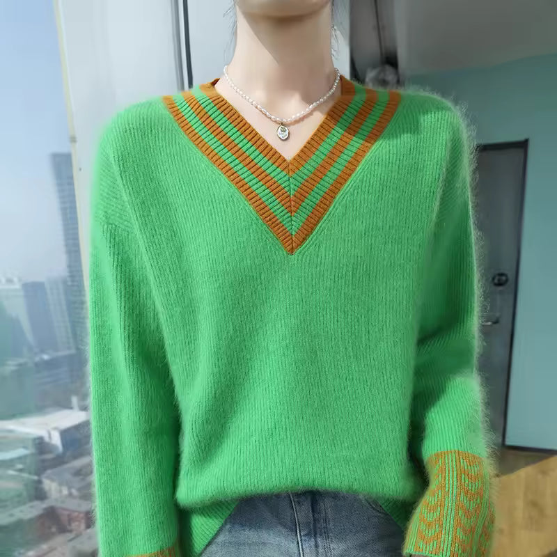 Iris Green V-neck sweater with striped neckline, relaxed fit, and long sleeves