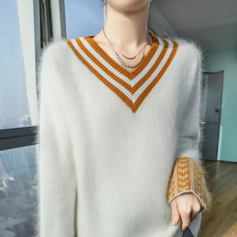 Iris white V-neck sweater with striped neckline, relaxed fit, and long sleeves
