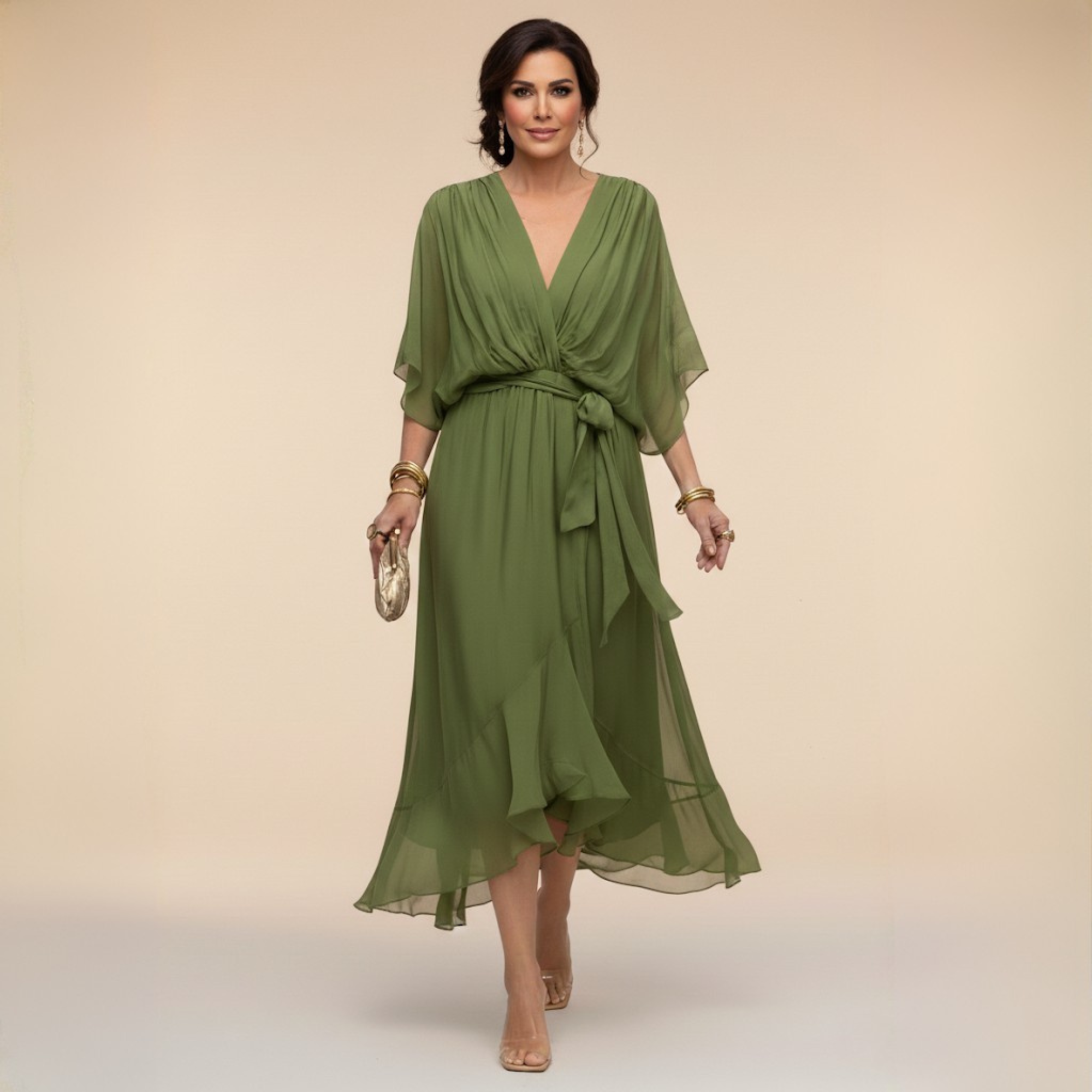 Isabeau evening wrap V-neck midi dress, view 1