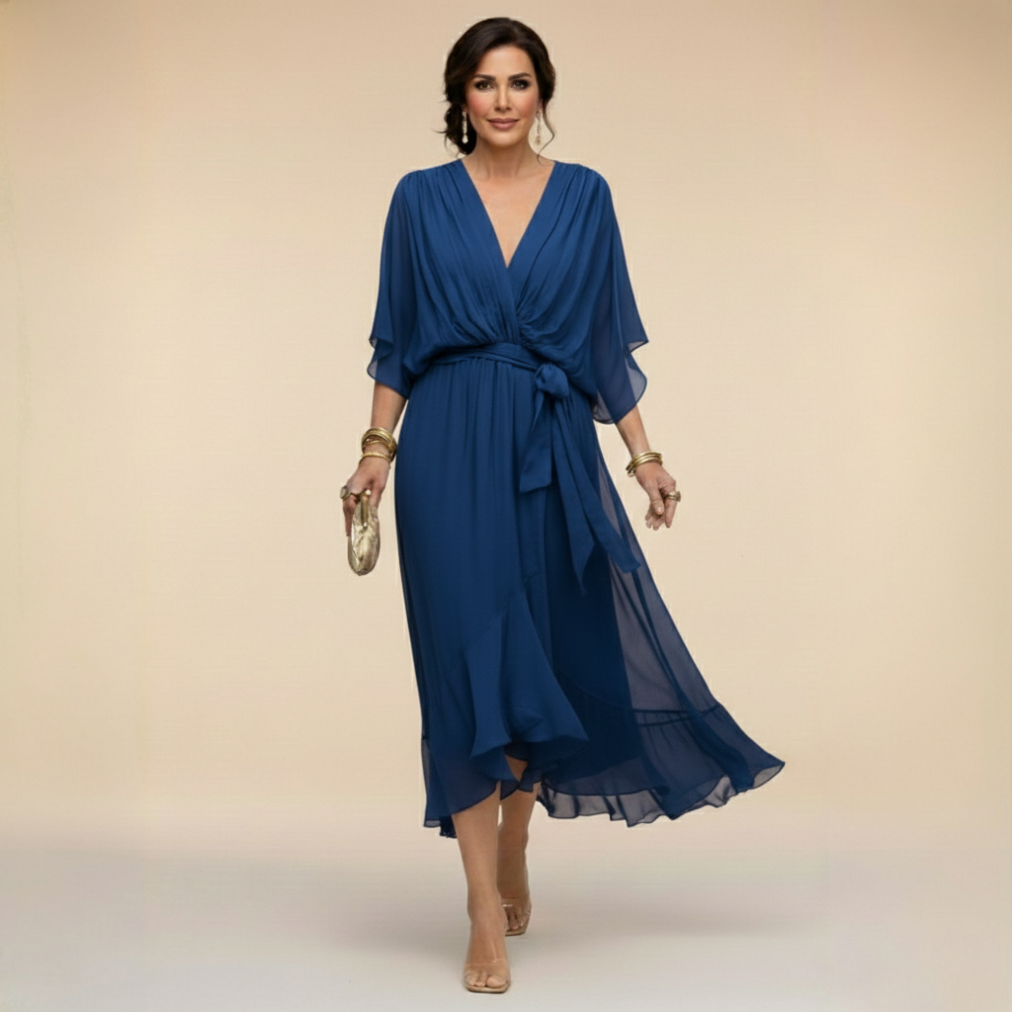 Isabeau evening wrap V-neck midi dress, view 3
