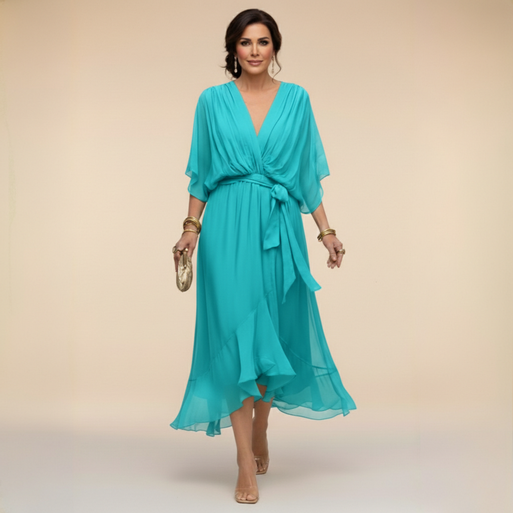Isabeau evening wrap V-neck midi dress, view 5
