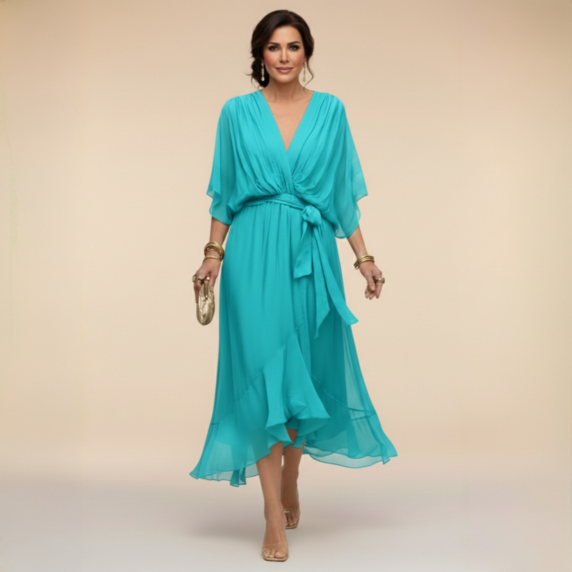 Isabeau evening wrap V-neck midi dress, view 5