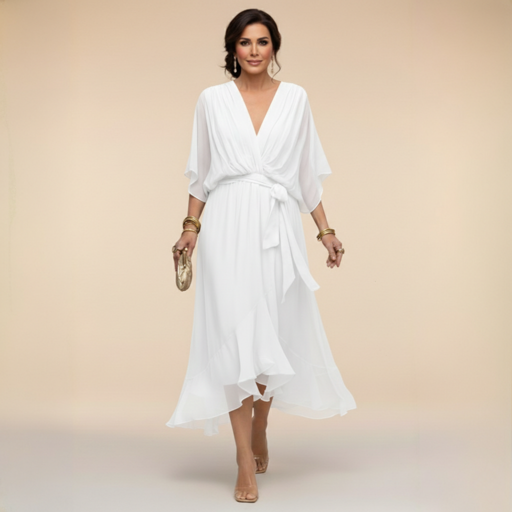 Isabeau evening wrap V-neck midi dress, view 7
