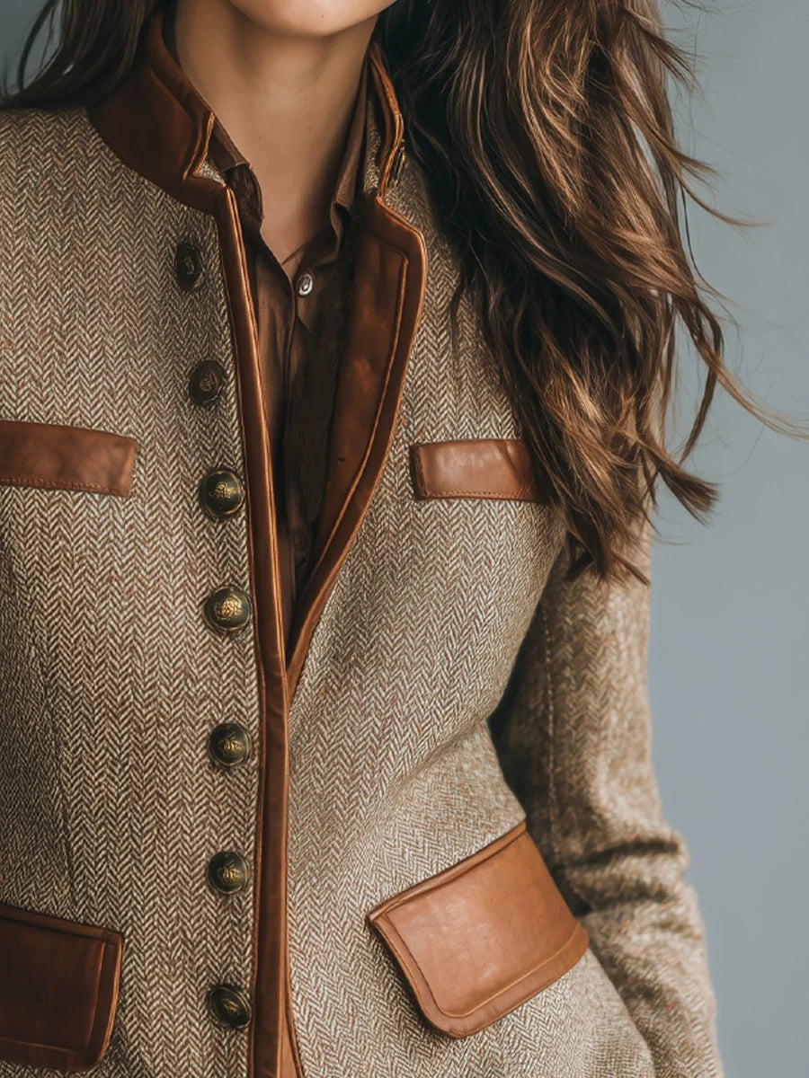 Isabella Brown tailored jacket featuring textured herringbone fabric, contrasting faux-leather trim, button-front closure, and flap pockets