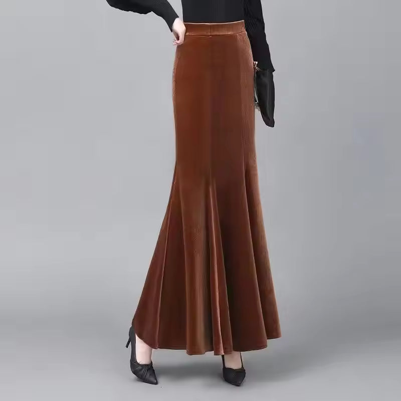 Isla Brown high-waist corduroy maxi skirt shown in a back and side view