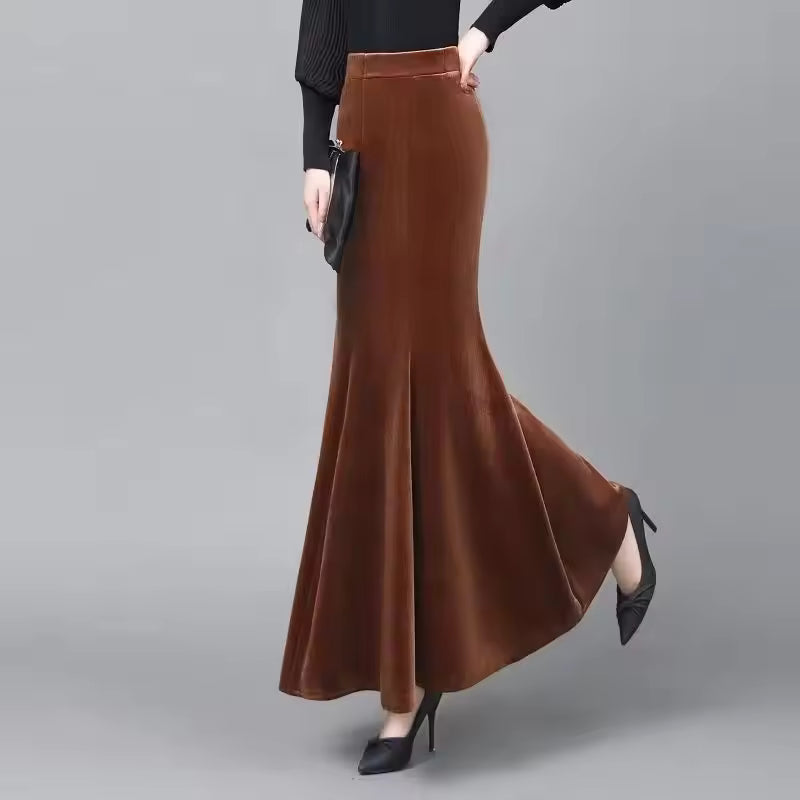 Isla Brown corduroy maxi skirt with fitted mermaid silhouette and flared hem