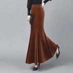 Isla Brown corduroy maxi skirt with fitted mermaid silhouette and flared hem