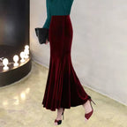 Isla Burgundy corduroy maxi skirt with high waist and flared mermaid hem