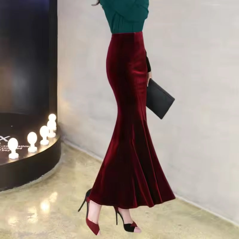 Isla Burgundy high-waist corduroy maxi skirt with flowing flared hem