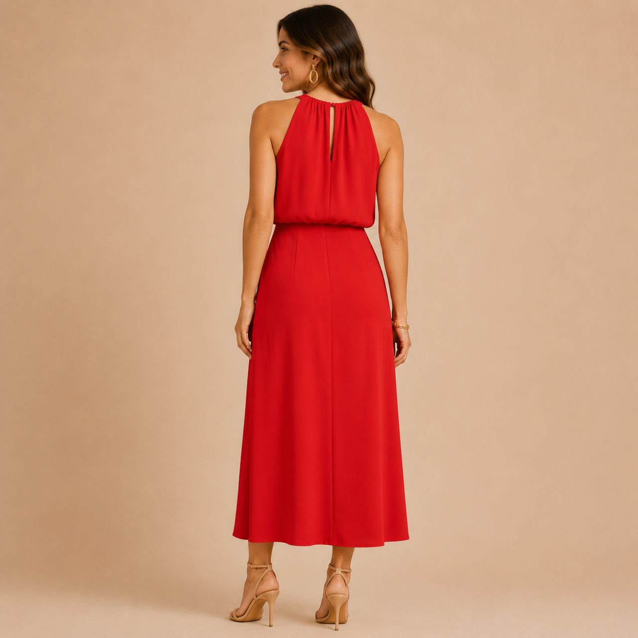 Back view of the Isla Sleeveless Halter Maxi Dress Side-Slit in red, highlighting the halter neckline, graceful back design, and flowing maxi silhouette. Designed by Bella Hudson.