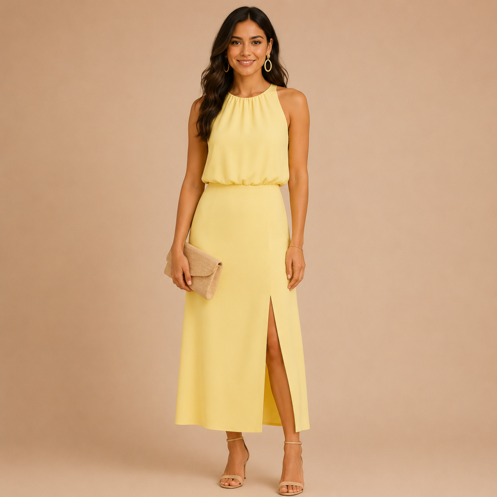 Front view of the Isla Sleeveless Halter Maxi Dress Side-Slit in yellow, featuring a sleeveless halter neckline, elegant side slit, and flowing maxi silhouette. Designed by Bella Hudson.
