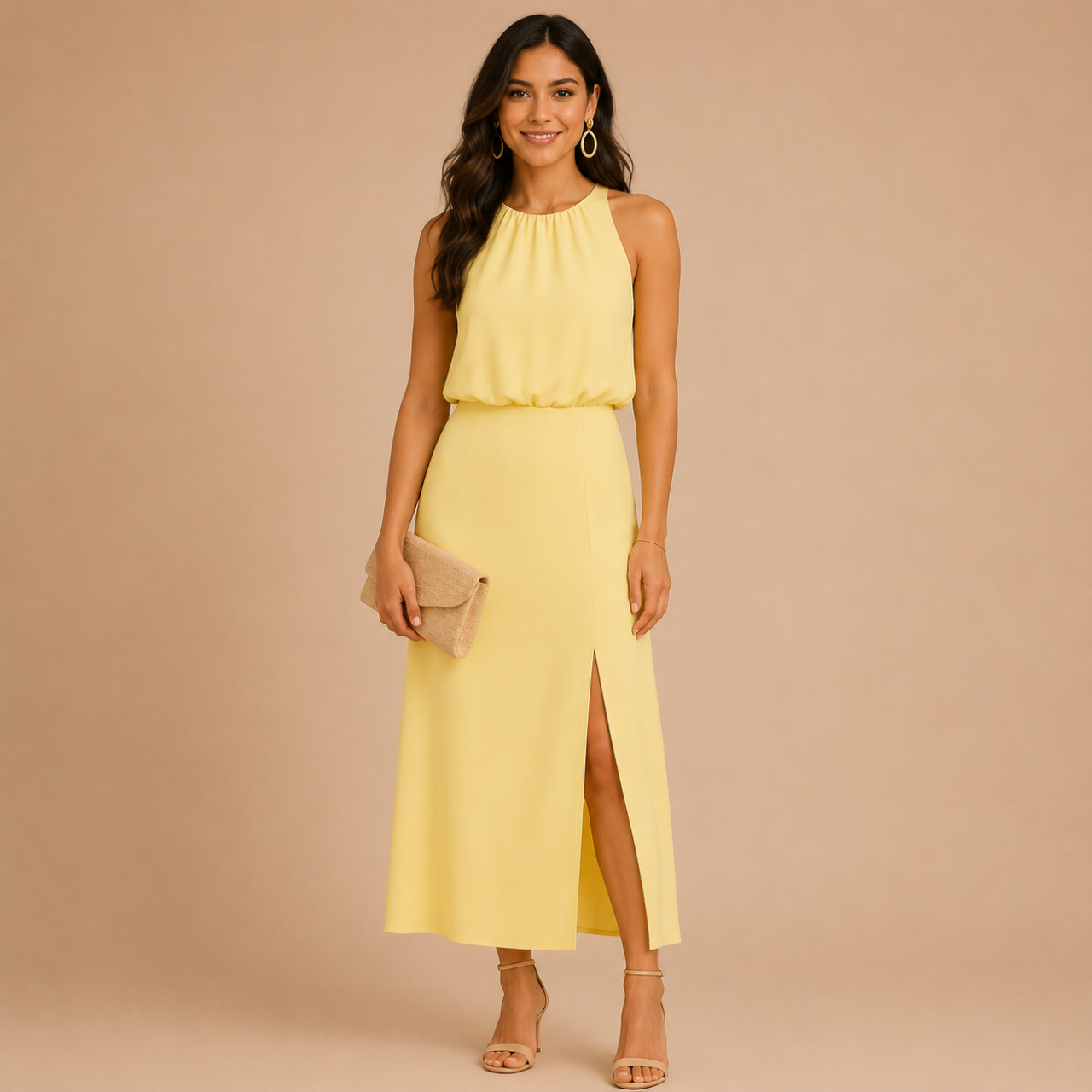 Front view of the Isla Sleeveless Halter Maxi Dress Side-Slit in yellow, featuring a sleeveless halter neckline, elegant side slit, and flowing maxi silhouette. Designed by Bella Hudson.