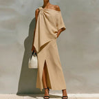 Isolde evening one-shoulder draped two-piece set, Beige