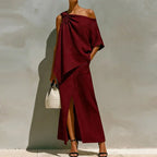 Isolde evening one-shoulder draped two-piece set, Dark Red