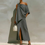 Isolde evening one-shoulder draped two-piece set, Grey